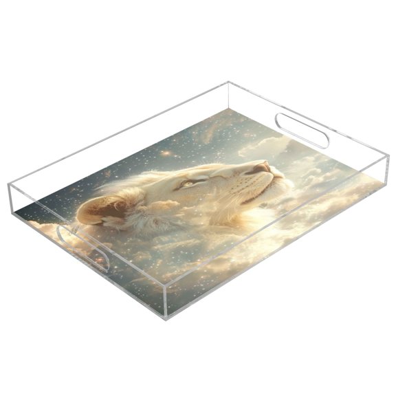 WOBOGO Acrylic Serving Trays 15.7x11.8 Inch Spill Proof Clear Decorative Organizer with Handle Lion in The Clouds Pattern