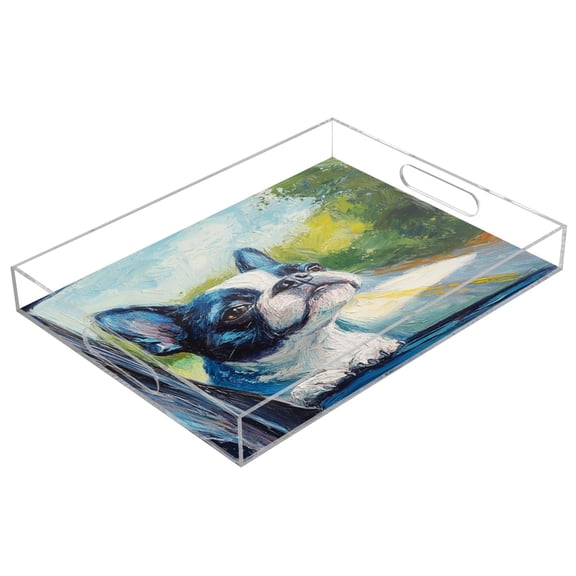 WOBOGO Acrylic Serving Trays 15.7x11.8 Inch Spill Proof Clear Decorative Organizer with Handle Lovely Boston Terrier