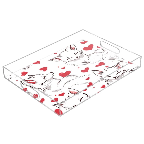 WOBOGO Acrylic Serving Trays 15.7x11.8 Inch Spill Proof Clear Decorative Organizer with Handle Lovely White Fox