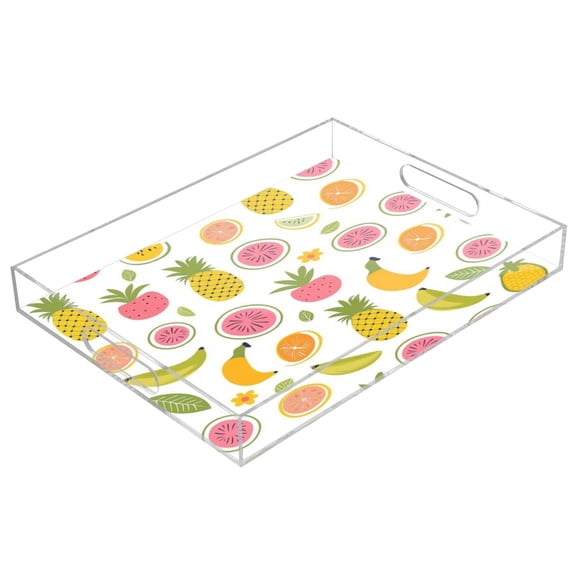 WOBOGO Acrylic Serving Trays 15.7x11.8 Inch Spill Proof Clear Decorative Organizer with Handle Many Different Fruits on White Background