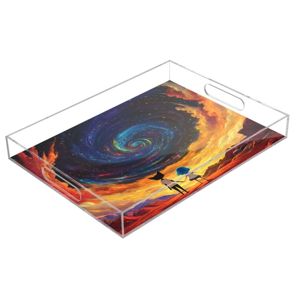 WOBOGO Acrylic Serving Trays 15.7x11.8 Inch Spill Proof Clear Decorative Organizer with Handle Partner Star Gazing Pattern