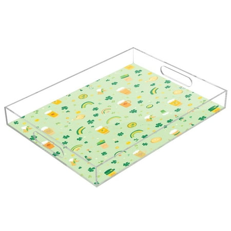 WOBOGO Acrylic Serving Trays 15.7x11.8 Inch Spill Proof Clear Decorative Organizer with Handle Pattern with Rainbows Shamrocks and Leprechaun Hat