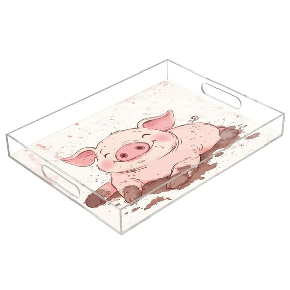 WOBOGO Acrylic Serving Trays 15.7x11.8 Inch Spill Proof Clear Decorative Organizer with Handle Pink Pig