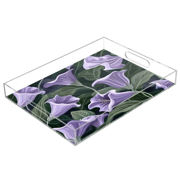 WOBOGO Acrylic Serving Trays 15.7x11.8 Inch Spill Proof Clear Decorative Organizer with Handle Purple Datura Stramonium