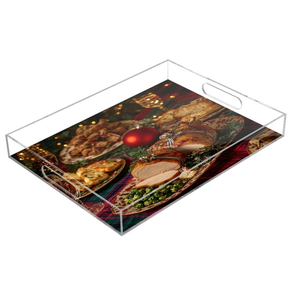 WOBOGO Acrylic Serving Trays 15.7x11.8 Inch Spill Proof Clear Decorative Organizer with Handle Roast Chicken