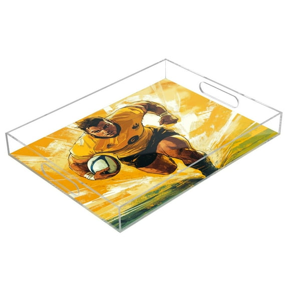WOBOGO Acrylic Serving Trays 15.7x11.8 Inch Spill Proof Clear Decorative Organizer with Handle Rugby Player Running on The Field Of Play