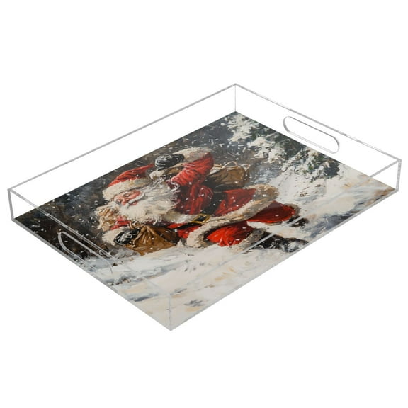 WOBOGO Acrylic Serving Trays 15.7x11.8 Inch Spill Proof Clear Decorative Organizer with Handle Santa Claus Delivers Gifts in The Snow
