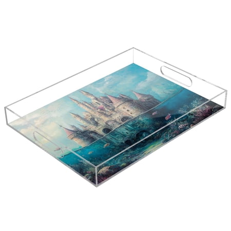 WOBOGO Acrylic Serving Trays 15.7x11.8 Inch Spill Proof Clear Decorative Organizer with Handle Seabed Castle