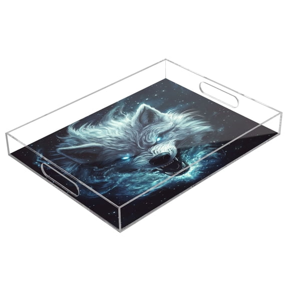 WOBOGO Acrylic Serving Trays 15.7x11.8 Inch Spill Proof Clear Decorative Organizer with Handle Show Ferocity Wolf