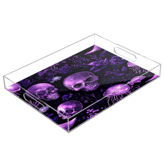 WOBOGO Acrylic Serving Trays 15.7x11.8 Inch Spill Proof Clear Decorative Organizer with Handle Skulls Jellyfish Purple Pattern