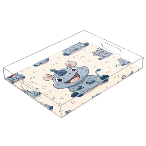 WOBOGO Acrylic Serving Trays 15.7x11.8 Inch Spill Proof Clear Decorative Organizer with Handle Smile Cute Rhinoceros