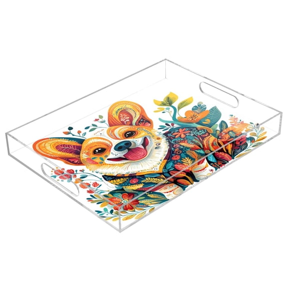 WOBOGO Acrylic Serving Trays 15.7x11.8 Inch Spill Proof Clear Decorative Organizer with Handle Smiling Corgi Dog