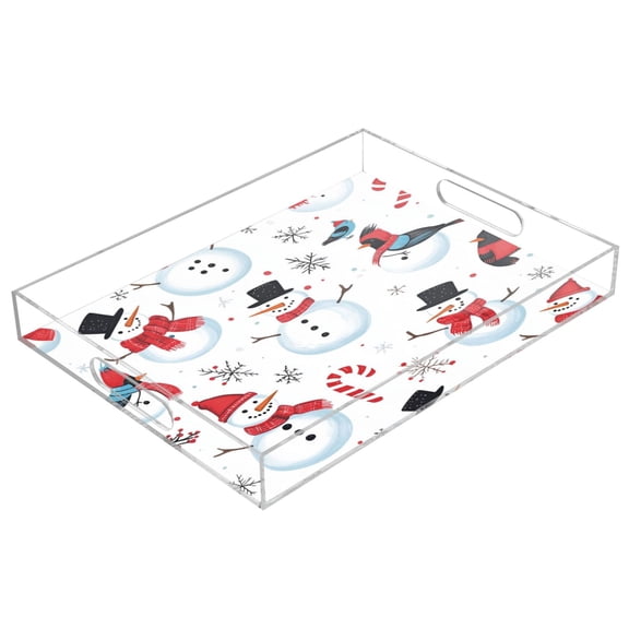 WOBOGO Acrylic Serving Trays 15.7x11.8 Inch Spill Proof Clear Decorative Organizer with Handle Snowmen Cardinals White Pattern