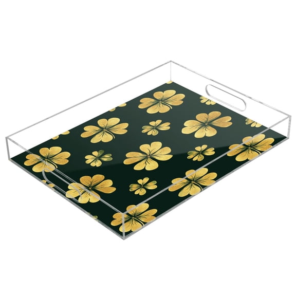 WOBOGO Acrylic Serving Trays 15.7x11.8 Inch Spill Proof Clear Decorative Organizer with Handle St Patricks Pattern Of Golden Shamrocks