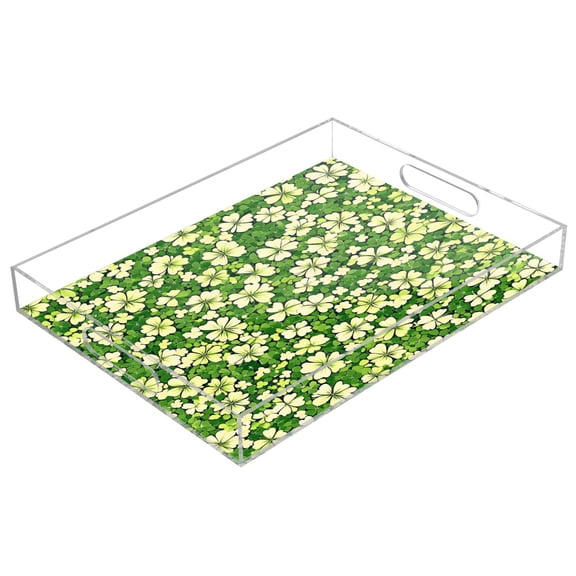 WOBOGO Acrylic Serving Trays 15.7x11.8 Inch Spill Proof Clear Decorative Organizer with Handle St Patricks Seamlessly Repeating Clover