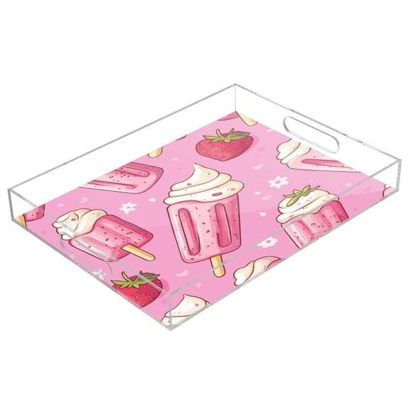 WOBOGO Acrylic Serving Trays 15.7x11.8 Inch Spill Proof Clear Decorative Organizer with Handle Strawberry Ice Cream Pattern