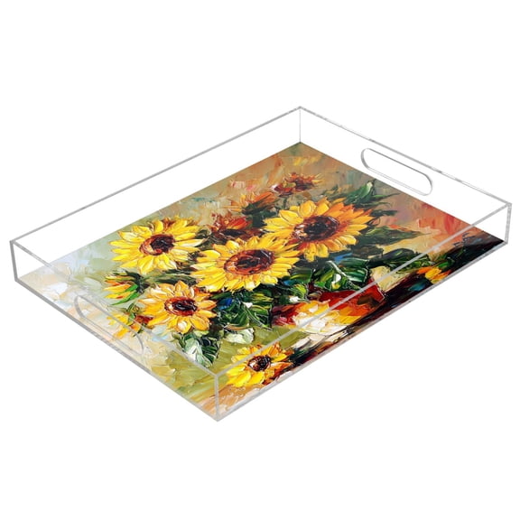 WOBOGO Acrylic Serving Trays 15.7x11.8 Inch Spill Proof Clear Decorative Organizer with Handle Sunflowers Oil Paintings