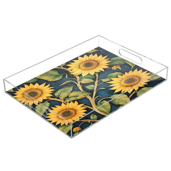 WOBOGO Acrylic Serving Trays 15.7x11.8 Inch Spill Proof Clear Decorative Organizer with Handle Sunflowers