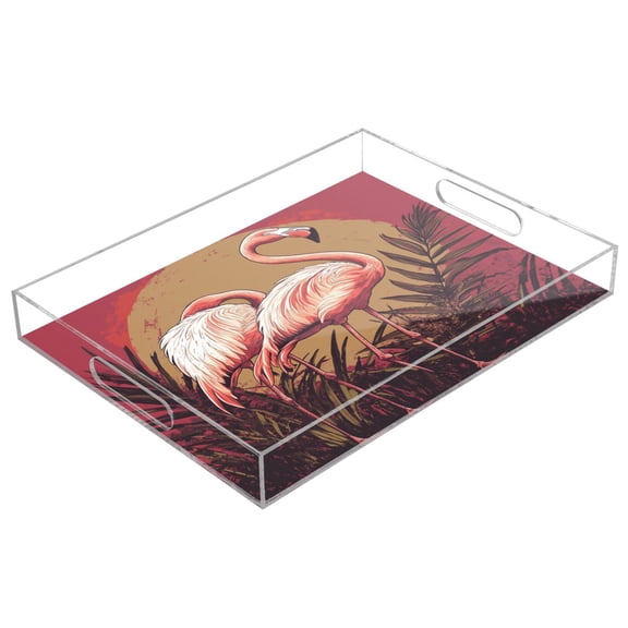WOBOGO Acrylic Serving Trays 15.7x11.8 Inch Spill Proof Clear Decorative Organizer with Handle Sunset Flamingo Pattern