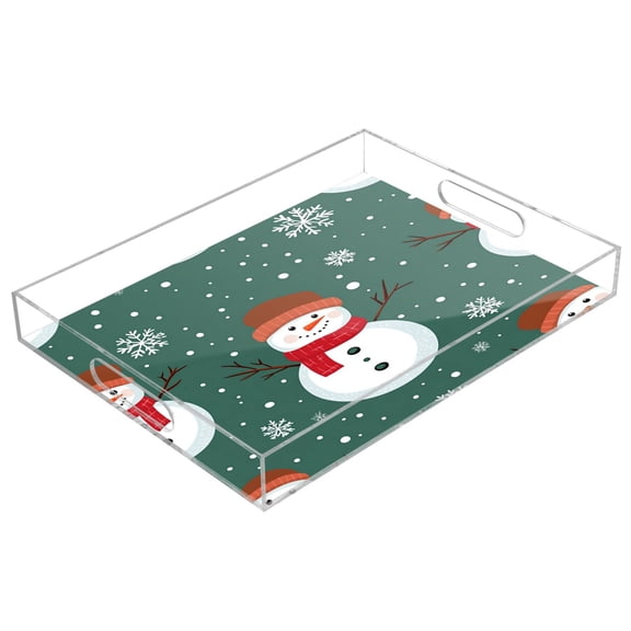 WOBOGO Acrylic Serving Trays 15.7x11.8 Inch Spill Proof Clear Decorative Organizer with Handle The Pattern Of Snowman with Christmas Theme
