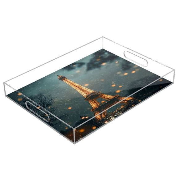 WOBOGO Acrylic Serving Trays 15.7x11.8 Inch Spill Proof Clear Decorative Organizer with Handle The Tower Of Paris