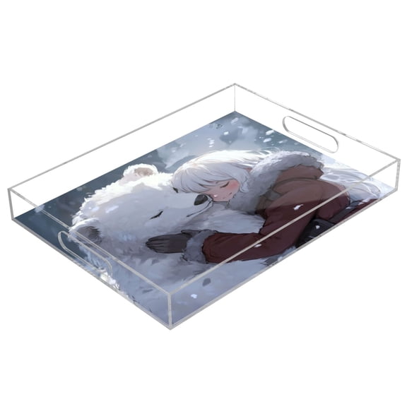 WOBOGO Acrylic Serving Trays 15.7x11.8 Inch Spill Proof Clear Decorative Organizer with Handle White Bear Cuddles with Woman