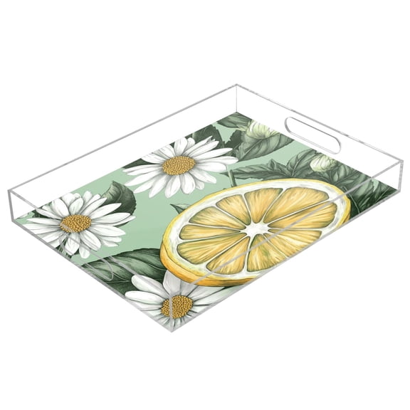 WOBOGO Acrylic Serving Trays 15.7x11.8 Inch Spill Proof Clear Decorative Organizer with Handle White Daisies with Lemons Pattern