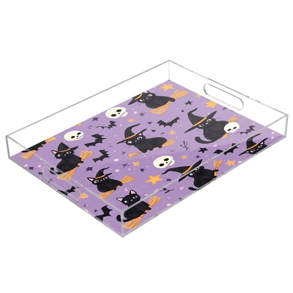 WOBOGO Acrylic Serving Trays 15.7x11.8 Inch Spill Proof Clear Decorative Organizer with Handle Witch Hat Cat Purple Pattern