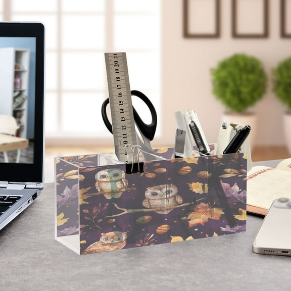 WOBOGO Adorable Baby Owls and Acorns Pattern Acrylic Pen Holder 4 Compartments Clear Pencil Organizer Makeup Brush Storage Case