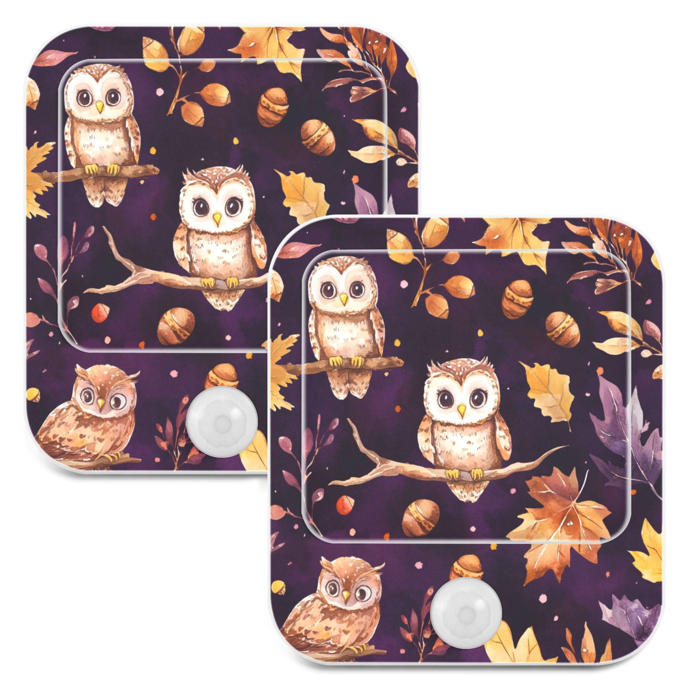 WOBOGO Adorable Baby Owls and Acorns Pattern Night Light Lamp with Smart Sensor Dusk to Dawn Sensor 0.6W Plug-in 2-Pack