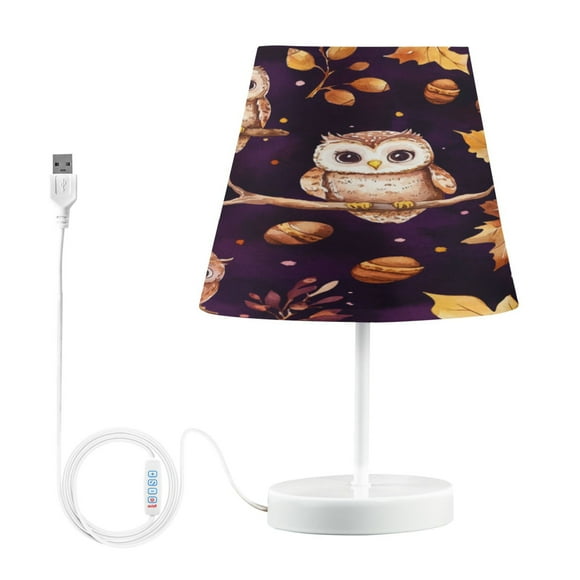 WOBOGO Adorable Baby Owls and Acorns Pattern Table Lamps Bedroom 3-Speed Dimmable Farm Style with Fabric Shade for Reading and Home Office