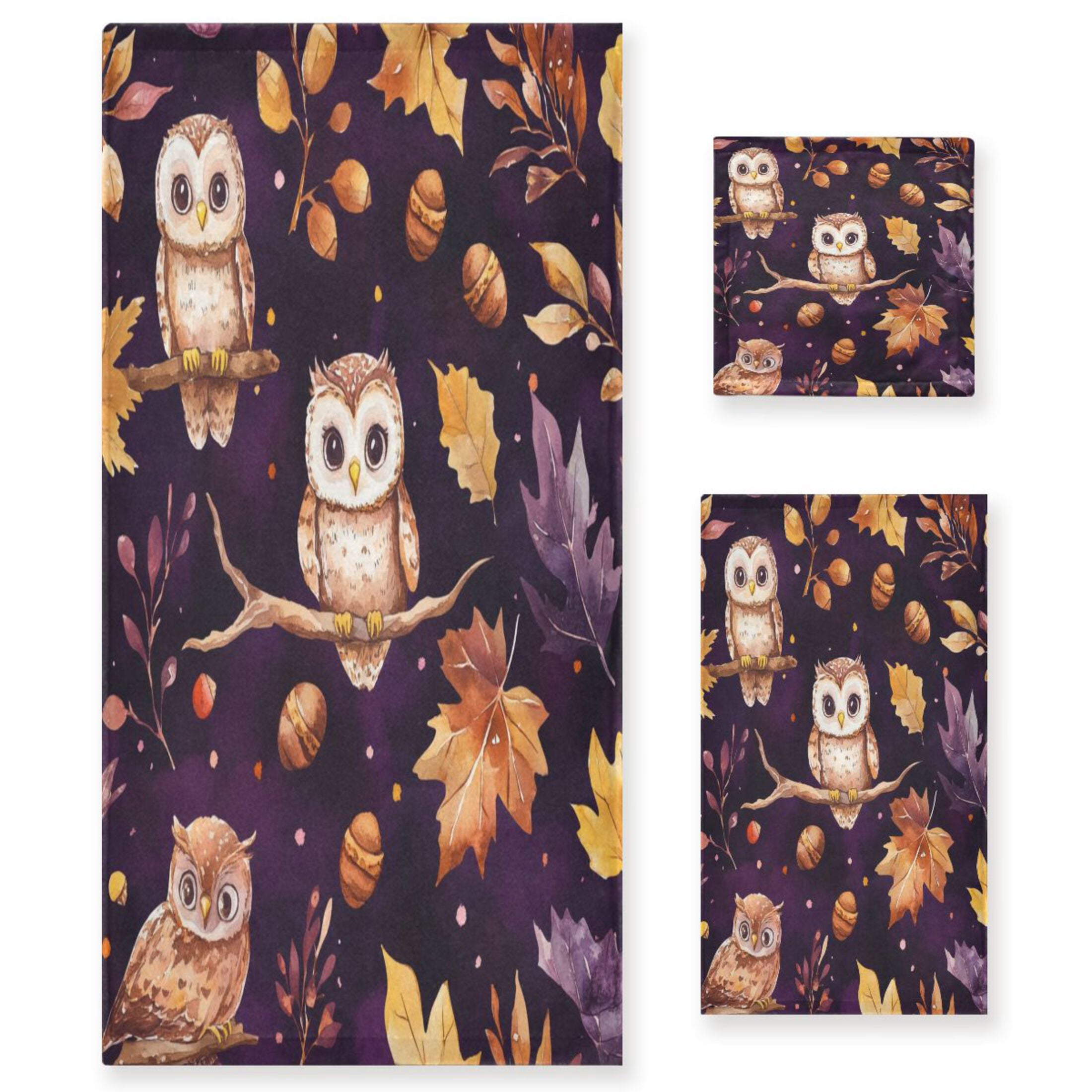 WOBOGO Adorable Baby Owls and Acorns Pattern Ultra Soft 3 Pack Cotton Towel Set for Everyday Use Lightweight and Compact