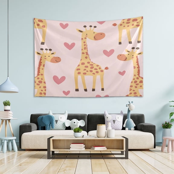 WOBOGO Adorable Cartoon Giraffes Heart Pattern Tapestry 60×40in Home Living Room Bedroom Wall Hanging Ornaments