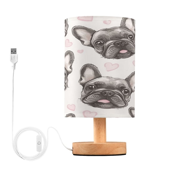WOBOGO Adorable French Bulldog Faces Pattern Bedroom Table Lamp USB Power Connector Wooden Base Round Linen Shade For Living Room Desk
