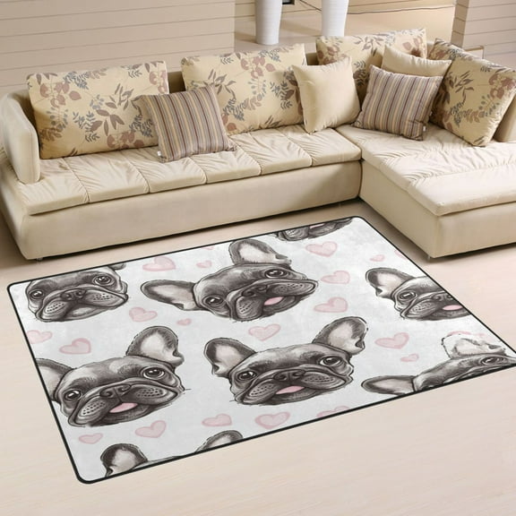 WOBOGO Adorable French Bulldog Faces Pattern Carpet Non-Slip Rugs Soft Doormat 60×39in Living Dining Room Bedroom Decorative