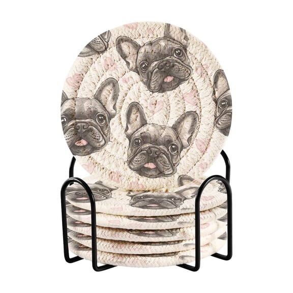 WOBOGO Adorable French Bulldog Faces Pattern Coil Coasters Set of 6 Minimalist Cotton Woven 3.94 inch Non-Slip Insulated and Absorbent Home Accessories.