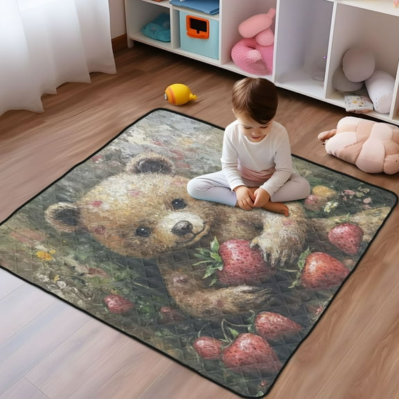 WOBOGO Adorable Strawberry Bear Baby Playmats Extra Large Waterproof Rollable Activity Pads for Toddlers 5050inch
