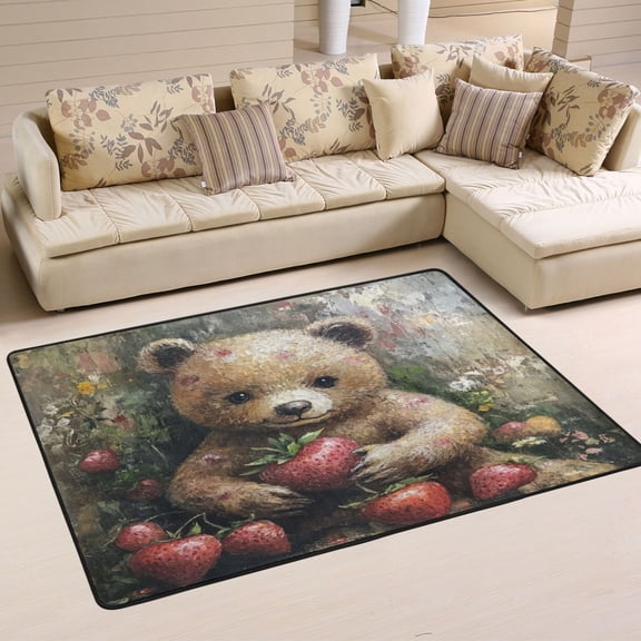 WOBOGO Adorable Strawberry Bear Carpet Non-Slip Rugs Soft Doormat 36×24in Living Dining Room Bedroom Decorative