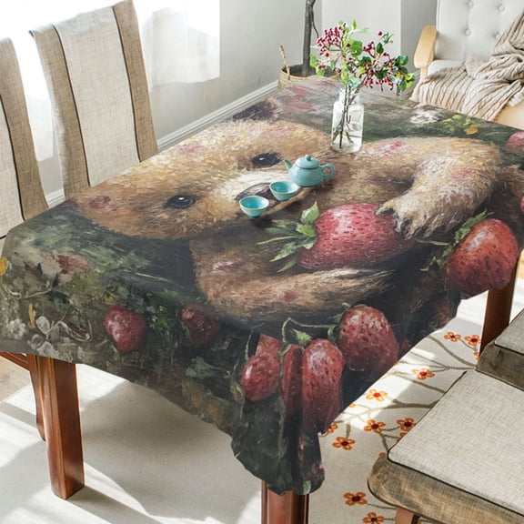 WOBOGO Adorable Strawberry Bear Square Tablecloth 54×54in Polyester Fabric Tablecloth Washable Dust Resistant Wrinkle Resistant
