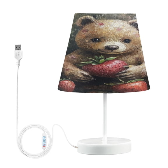 WOBOGO Adorable Strawberry Bear Table Lamps Bedroom 3-Speed Dimmable Farm Style with Fabric Shade for Reading and Home Office