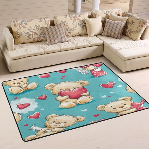 WOBOGO Adorable Teddy Bears Heart Pattern Carpet Non-Slip Rugs Soft Doormat 36×24in Living Dining Room Bedroom Decorative