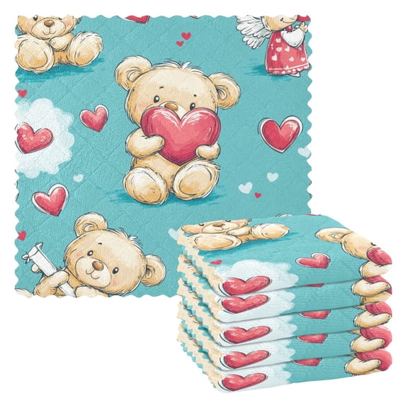 WOBOGO Adorable Teddy Bears Heart Pattern Kitchen Towels 6pcs Ultra Soft Absorbent Quick Drying Dish Cloths 1111inch
