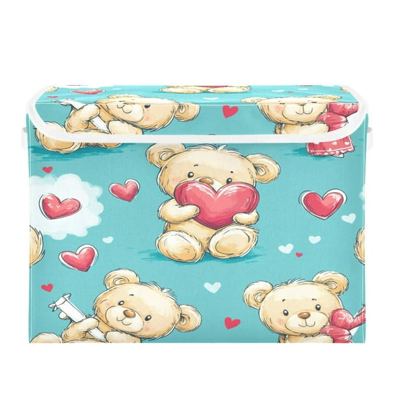 WOBOGO Adorable Teddy Bears Heart Pattern Large Collapsible Storage Box Flip Lid Fabric Decorative Organizer Container Basket with Handles 16.512.611.8in