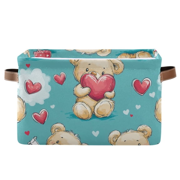 WOBOGO Adorable Teddy Bears Heart Pattern Square Storage Basket with Waterproof Canvas and PE Lining Durable PU Leather Handles 14.2×10.2×8.3in