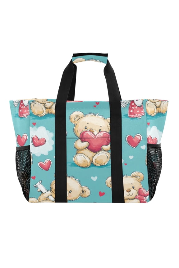 Adorable Teddy Bears Heart Pattern Tote Shopping Bag Reusable Heavy Duty Durable Foldable Washable 15.412.89.8in