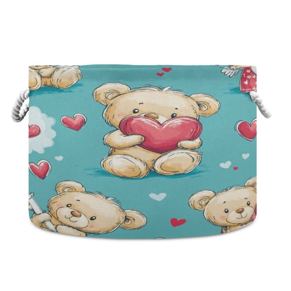 WOBOGO Adorable Teddy Bears Heart Pattern Toy Storage Basket 2014in Canvas Laundry Hamper for Living Room Kids Room Bathroom Organizer