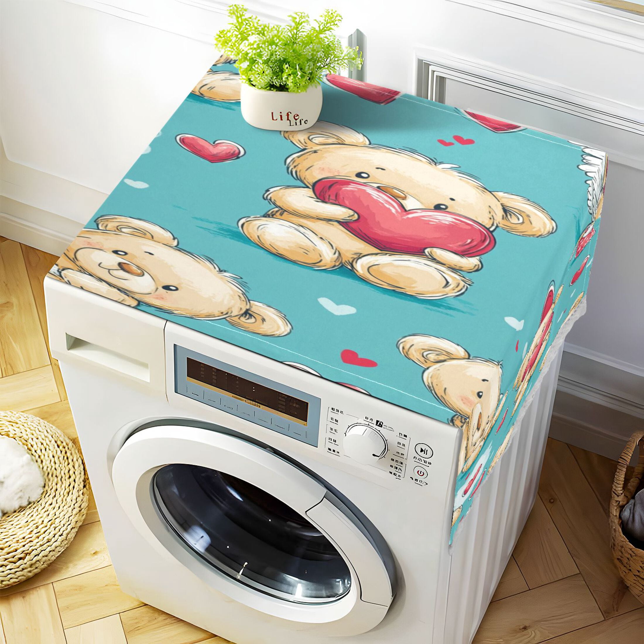 WOBOGO Adorable Teddy Bears Heart Pattern Washing Machine Cloth Dryer Refrigerator Top Cover Protective Non-Slip Mat For Kitchen Laundry