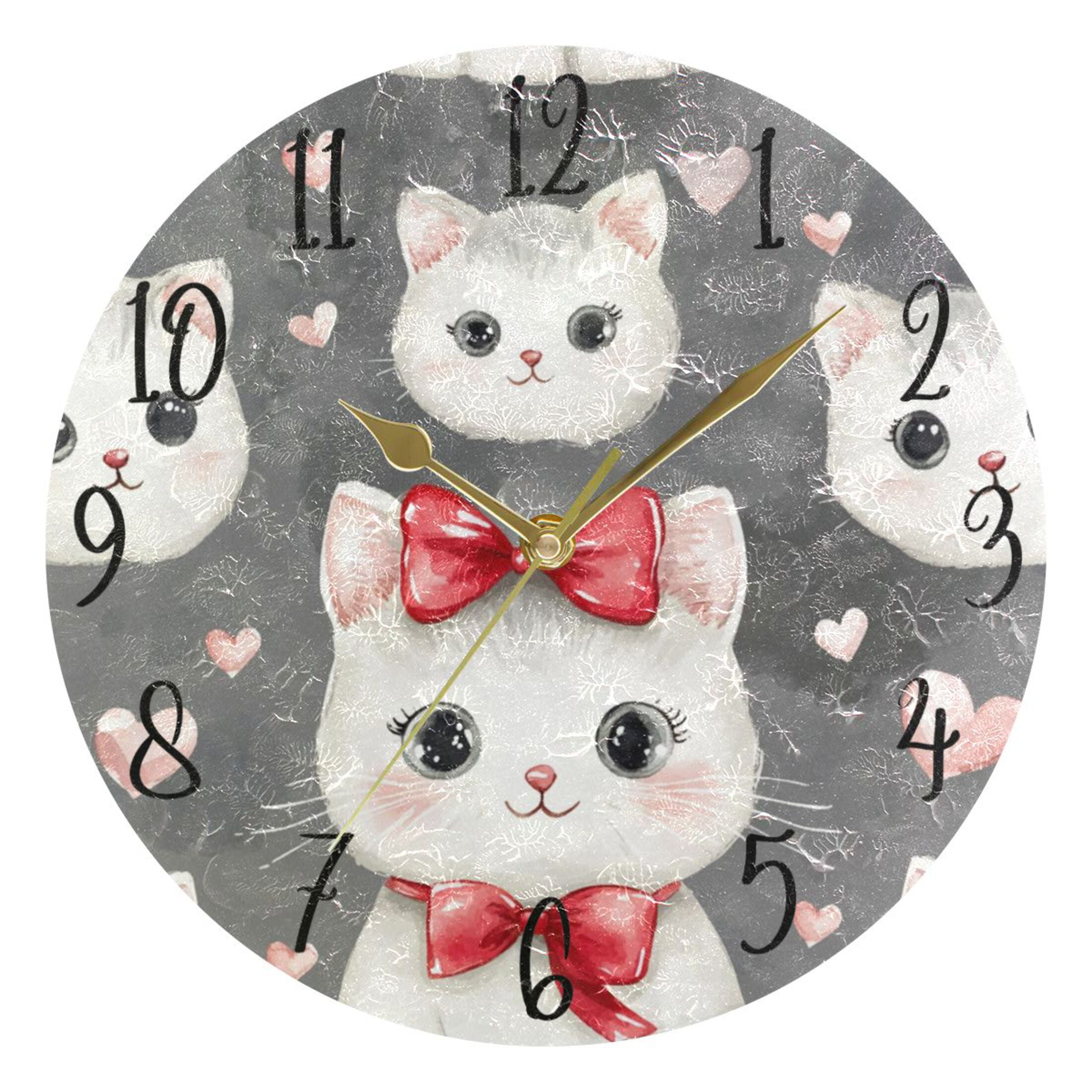 WOBOGO Adorable White Cats Pattern Wall Clock 10in Silent Mechanism ...