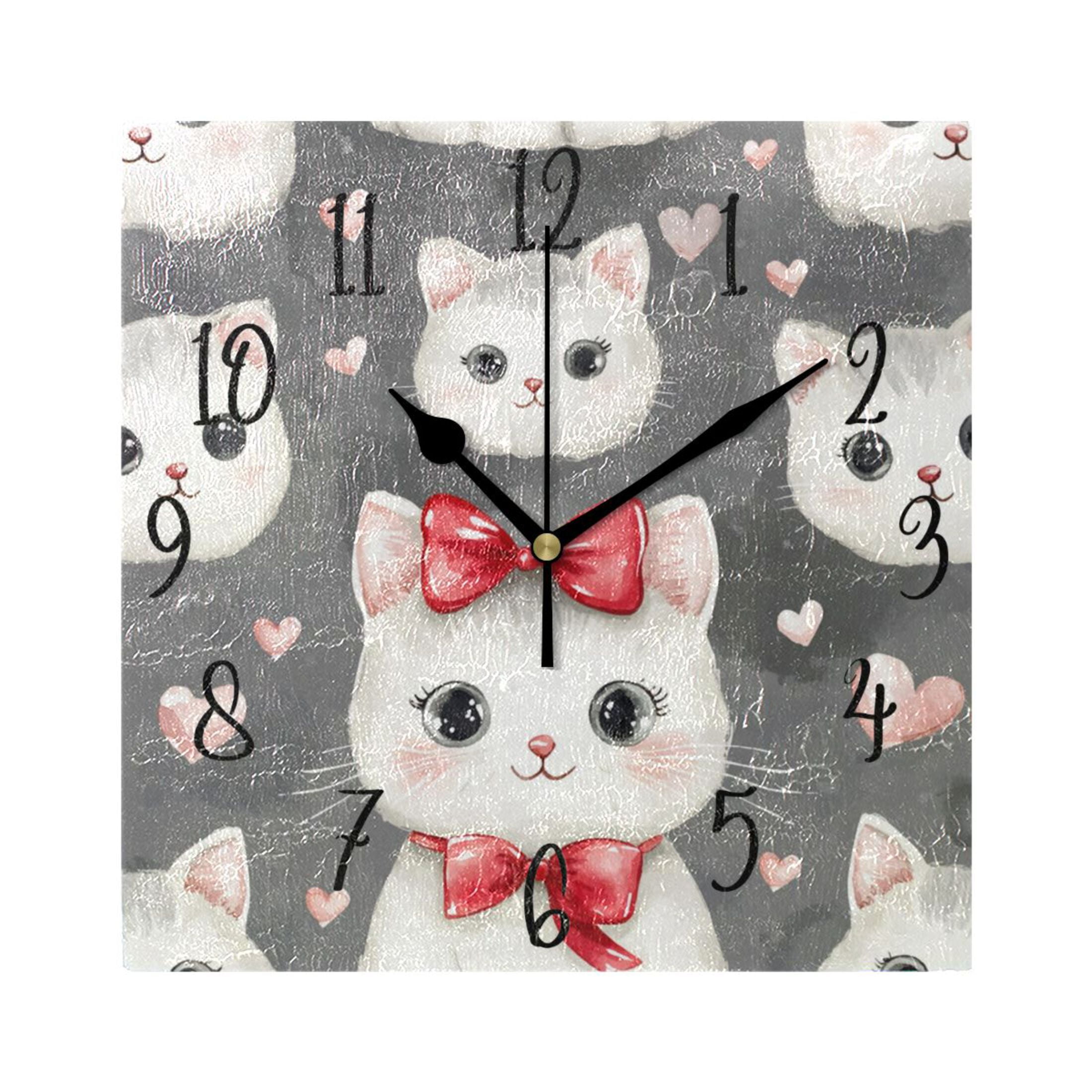 Rustic Cat Clock WOBOGO Adorable White Cats Pattern Wall Clock 7.78 Inch Battery ...