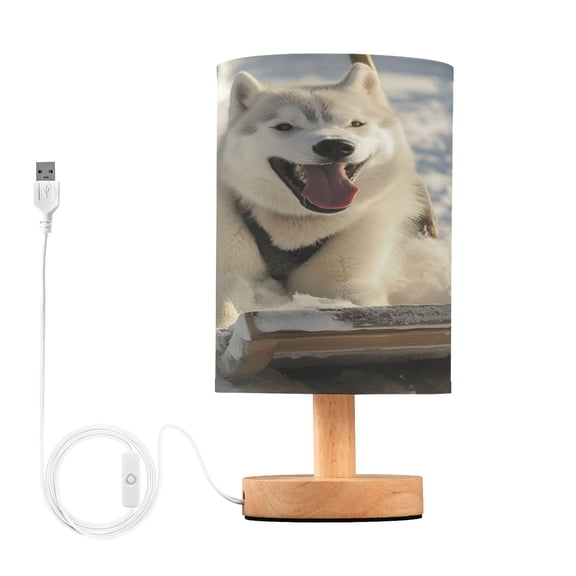 WOBOGO Alaskan Dog on A Sledge Bedroom Table Lamp USB Power Connector Wooden Base Round Linen Shade For Living Room Desk